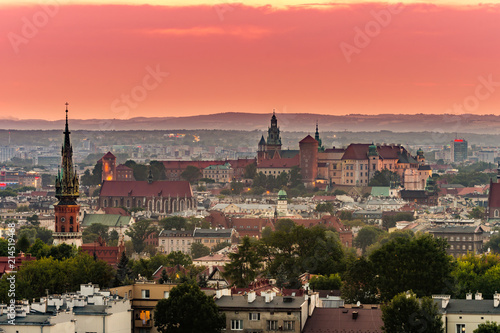 Krakow panorama from Krakus Mound, Wawel castle in the evening