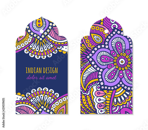 Indian badge set with bright colorful mehendi style ornament. Ethnic arabian ornamental label. Oriental tag design concept. Asian brochure template. Eastern collection. EPS 10 vector. 