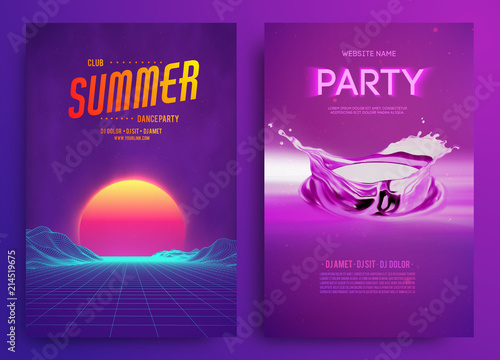 Retro background futuristic landscape 1980s style. Cocktail party, Electronic music fest, electro summer poster. Abstract gradients music background. EPS 10 Vector illustration. Vibrant design.