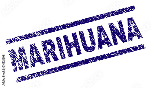 MARIHUANA stamp seal watermark with distress style. Blue vector rubber print of MARIHUANA caption with retro texture. Text caption is placed between parallel lines.