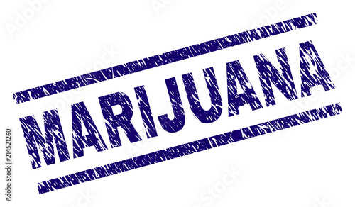 MARIJUANA stamp seal watermark with distress style. Blue vector rubber print of MARIJUANA text with grunge texture. Text title is placed between parallel lines.
