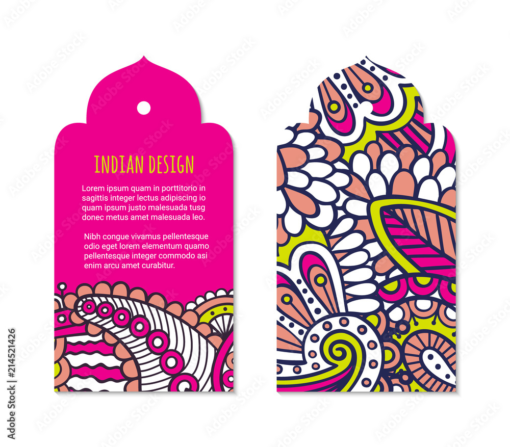 Indian badge set with bright colorful mehendi style ornament. Ethnic arabian ornamental label. Oriental tag design concept. Asian brochure template. Eastern collection. EPS 10 vector. 