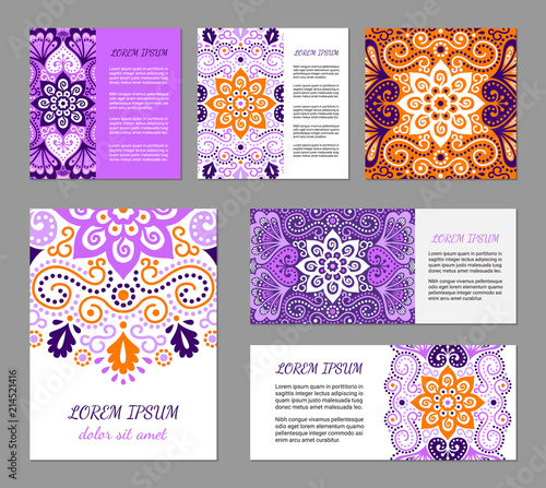 Indian flyer set with bright colorful mehendi style ornament. Ethnic ornamental label. Oriental polygraphy design concept. Eastern collection. EPS 10 vector. Clipping masks.