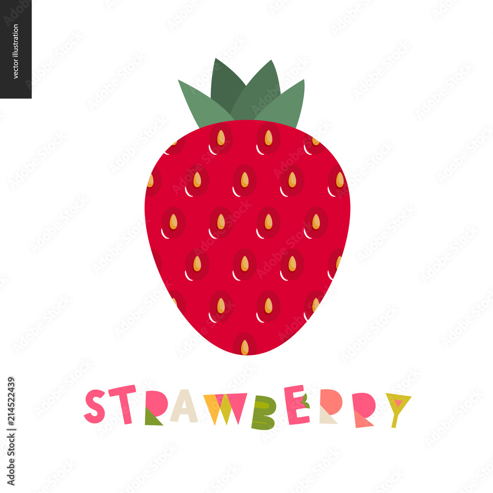 Food patterns - fruit, flat vector illustration, strawberry texture - small red strawberry with yellow seeds, red and green - berry postcard, and lettering, perfect for t-shirt, bag or other textile Food patterns - fruit, flat vector illustration, strawberry texture - small red strawberry with yellow seeds, red and green - berry postcard, and lettering, perfect for t-shirt, bag or other textile