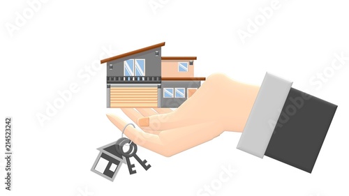 Real estate agent with house model and keys. Hand giving house keys isometric design. Illustration flat style. Real estate agent handing holding in palm home and key. Template for sale,