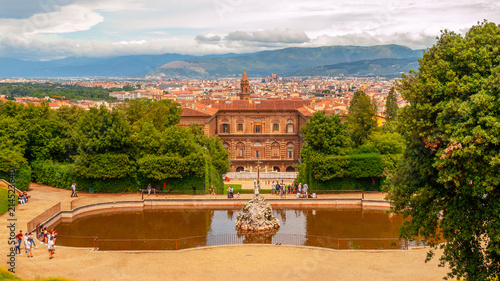 Fountain of Neptune and Palazzo Pitti in Boboli Gardens, Florence, Italy.