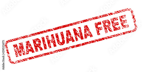 MARIHUANA FREE stamp seal print with grunge style. Red vector rubber print of MARIHUANA FREE text with retro texture. Text title is placed inside rounded rectangle frame.