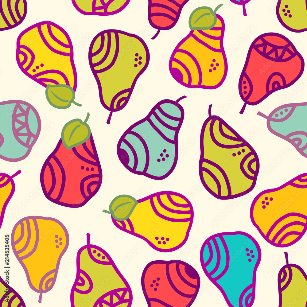  Bright decorative pears. Seamless vector pattern.