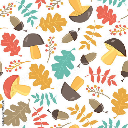 Seamless vector pattern with oak leaves, boletus and acorns.