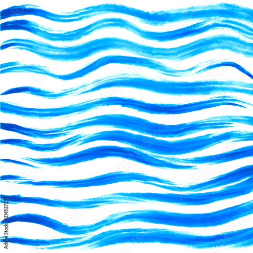 Hand drawn striped pattern. Blue horizontal wavy brush strokes texture.