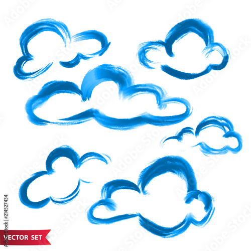 Vector set of hand drawing clouds in watercolor style, bright blue artistic illustration, isolated elements, hand drawn illustration.