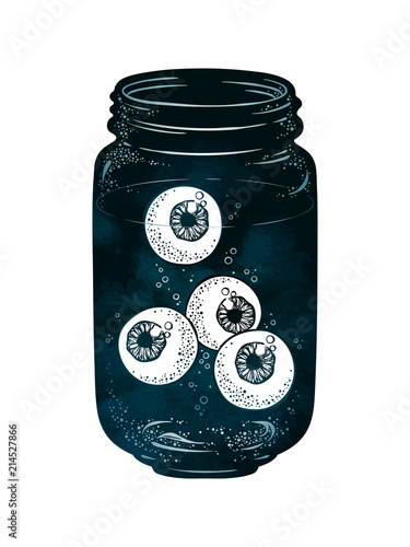 Eyeballs in glass jar isolated. Sticker, patch, print or blackwork tattoo design hand drawn vector illustration.