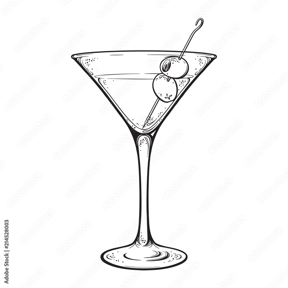 Vektorová grafika „Martini with olive alcoholic cocktail in glass isolated  on white background hand drawn vintage style line art vector illustration.“  ze služby Stock | Adobe Stock