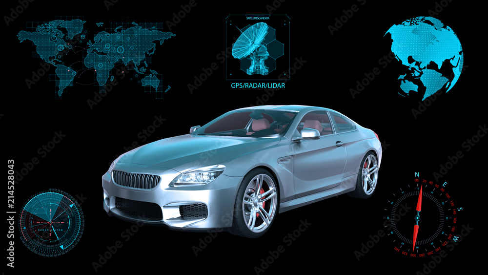 Driverless vehicle, autonomous sedan car on black background with infographic data, 3D rendering