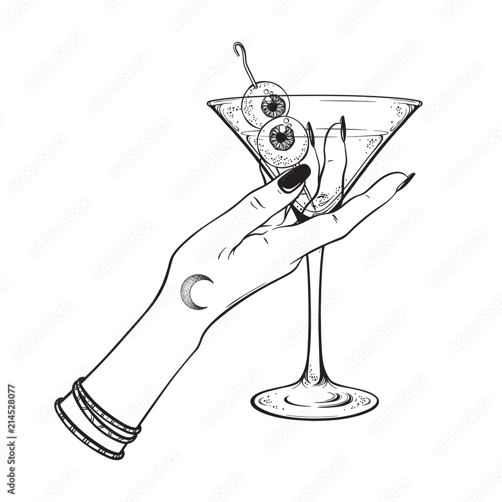 Obraz premium Martini with eyeballs cocktail in hand of witch halloween design line art vector illustration.