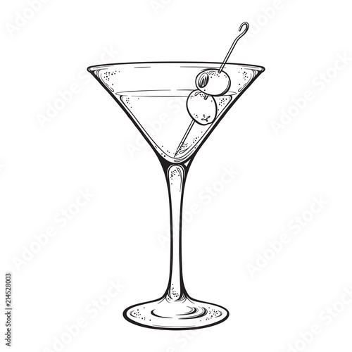 Martini with olive alcoholic cocktail in glass isolated on white background hand drawn vintage style line art vector illustration.