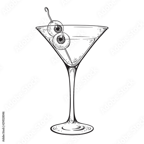 Martini with eyeballs cocktail in glass halloween design hand drawn line art vector illustration.