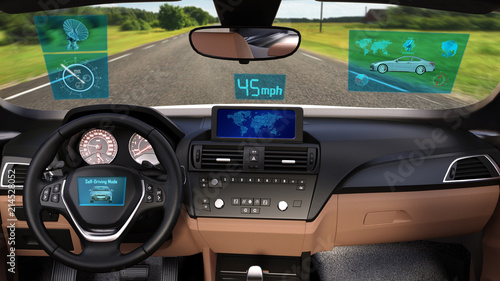 Driverless vehicle, autonomous sedan car with infographic data driving on the road, inside view, 3D rendering