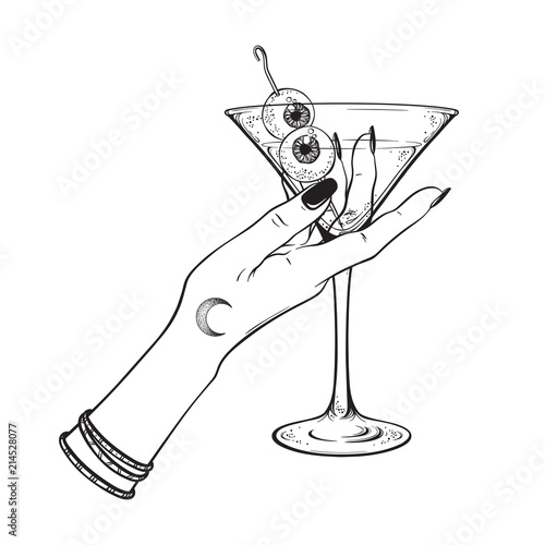 Martini with eyeballs cocktail in hand of witch halloween design line art vector illustration.