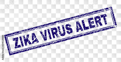 ZIKA VIRUS ALERT stamp seal print with dirty style and double framed rectangle shape. Stamp is placed on a transparent background. Blue vector rubber print of ZIKA VIRUS ALERT tag with dirty texture.