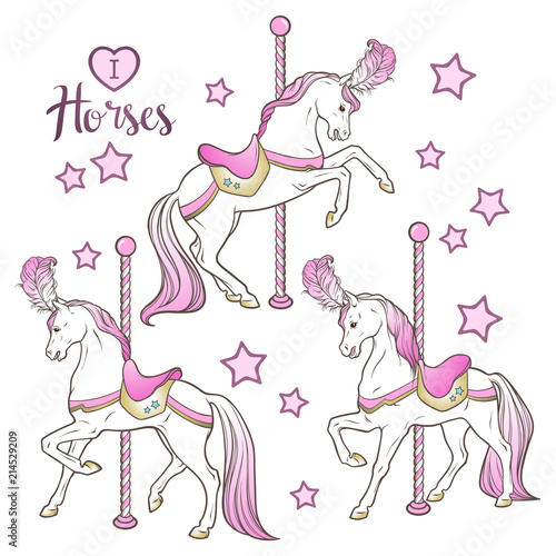 Cute carousel horses and stars set isolated vector illustration. Coloring book pages for adults and kids