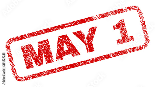 MAY 1 stamp seal print with grunge style. Red vector rubber print of MAY 1 text with unclean texture. Text caption is placed inside rounded rectangle frame.