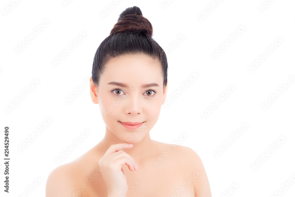 Portrait of beautiful woman asian makeup of cosmetic, girl hand touch chin and smile attractive, face of beauty perfect with wellness isolated on white background with skin healthcare concept.