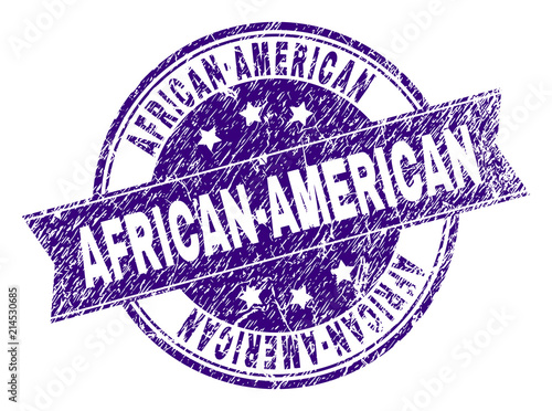 AFRICAN-AMERICAN stamp seal imprint with distress texture. Designed with ribbon and circles. Violet vector rubber print of AFRICAN-AMERICAN title with grunge texture.