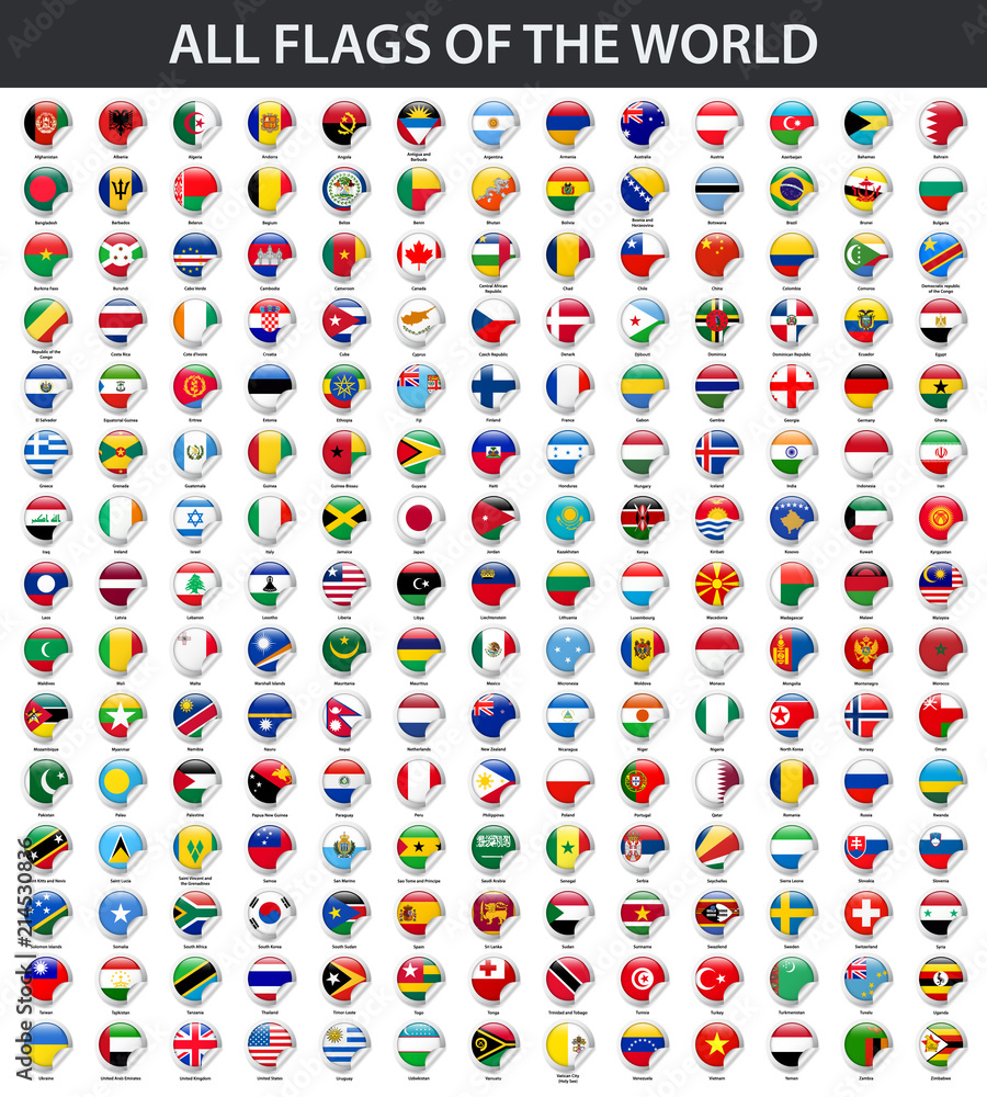 All flags of the world in alphabetical order. Round glossy sticker style