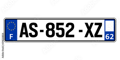 France car plate. Vehicle registration number