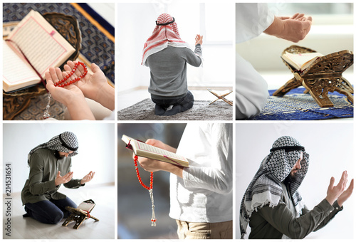 Photography Set with Muslim people praying indoors. Islamic religion