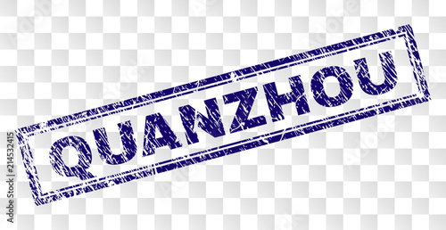 QUANZHOU stamp seal watermark with rubber print style and double framed rectangle shape. Stamp is placed on a transparent background. Blue vector rubber print of QUANZHOU text with unclean texture.