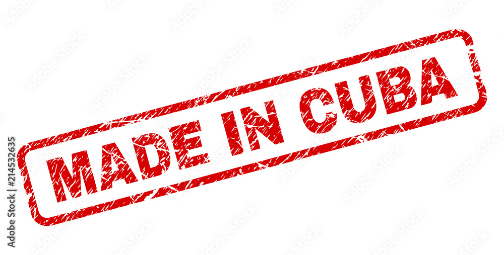 MADE IN CUBA stamp seal print with scratced style. Red vector rubber print of MADE IN CUBA text with corroded texture. Text label is placed inside rounded rectangle frame. MADE IN CUBA stamp seal print with scratced style. Red vector rubber print of MADE IN CUBA text with corroded texture. Text label is placed inside rounded rectangle frame.