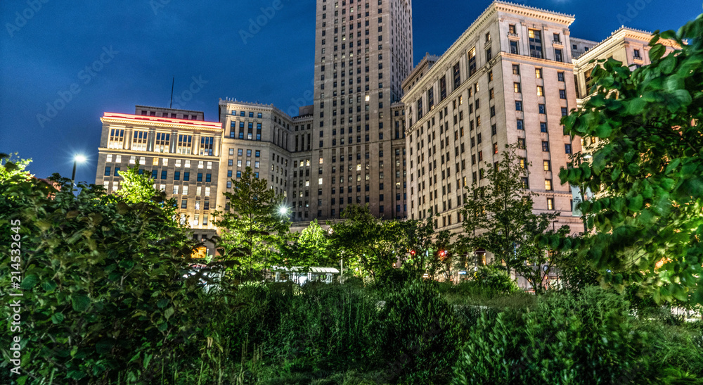 Very popular tower building in Cleveland's downtown Public square. Architectural structures in small city USA