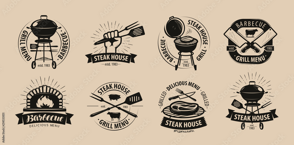 BBQ, barbecue, grill logo or icons. Labels for the menu of restaurant