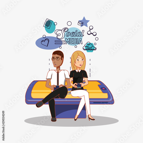 couple user devices sitting on big cellphone social media
