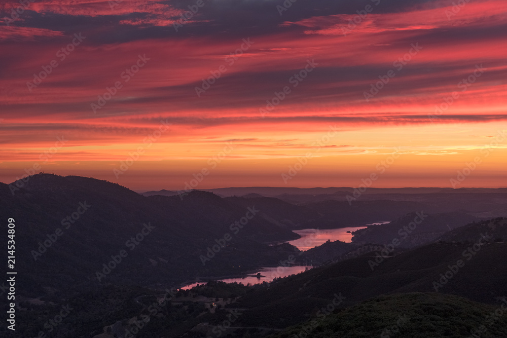 Stunning Mountain Sunset With Pink Clouds and Don Pedro Lake Reflection