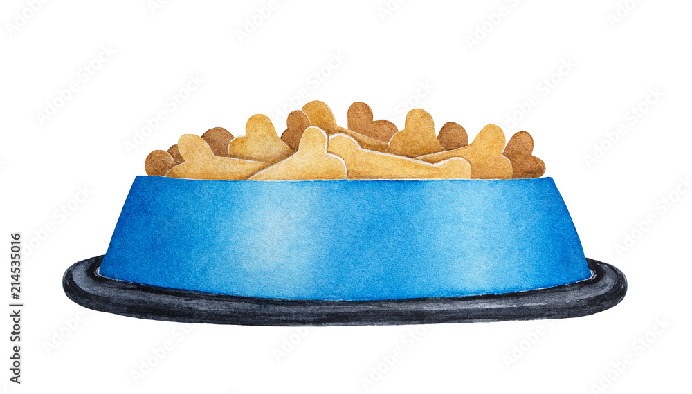 Round shiny bowl filled with dog dry food. Cute pet supply bone