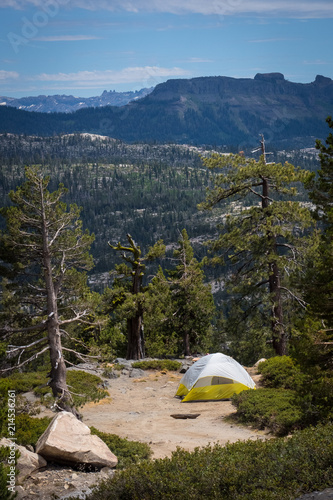 Yellow Tent and Campsite With View of the Sierra Nevada Mountains
