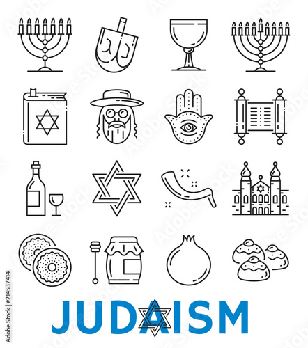 Vector Judaism religious symbols thin line icons