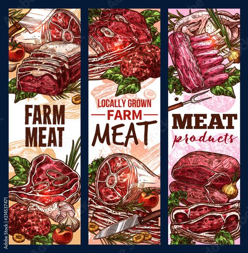 Vector sketch banners of meat steaks and loins
