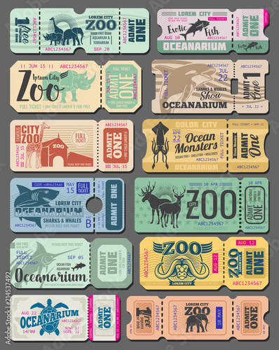 Vector vintage tickets of zoo animals and fish
