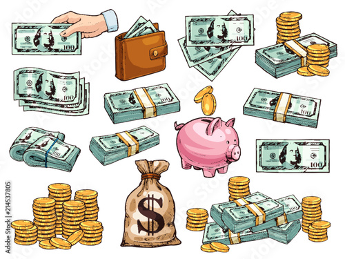 Vector sketch icons of money dollars and coins