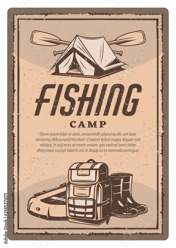 Vector fisher tent, boots and boat vintage poster