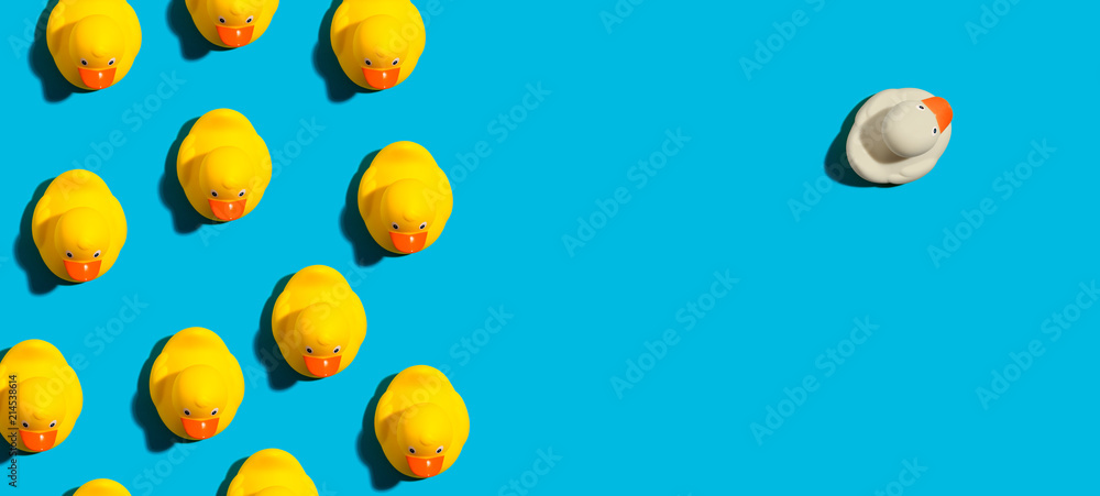 One out unique rubber duck concept on a blue background - obrazy, fototapety, plakaty 