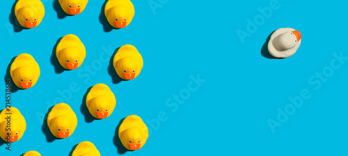 Fotografiet One out unique rubber duck concept on a blue background