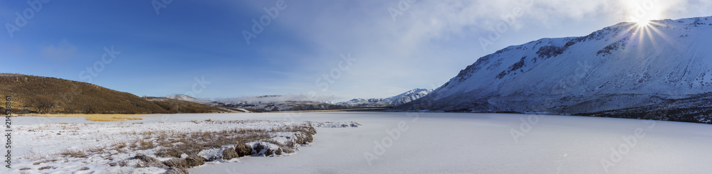 Panorama View Of Frozen Lake Against Mountain And Sky Panorama View Of Frozen Lake Against Mountain And Sky