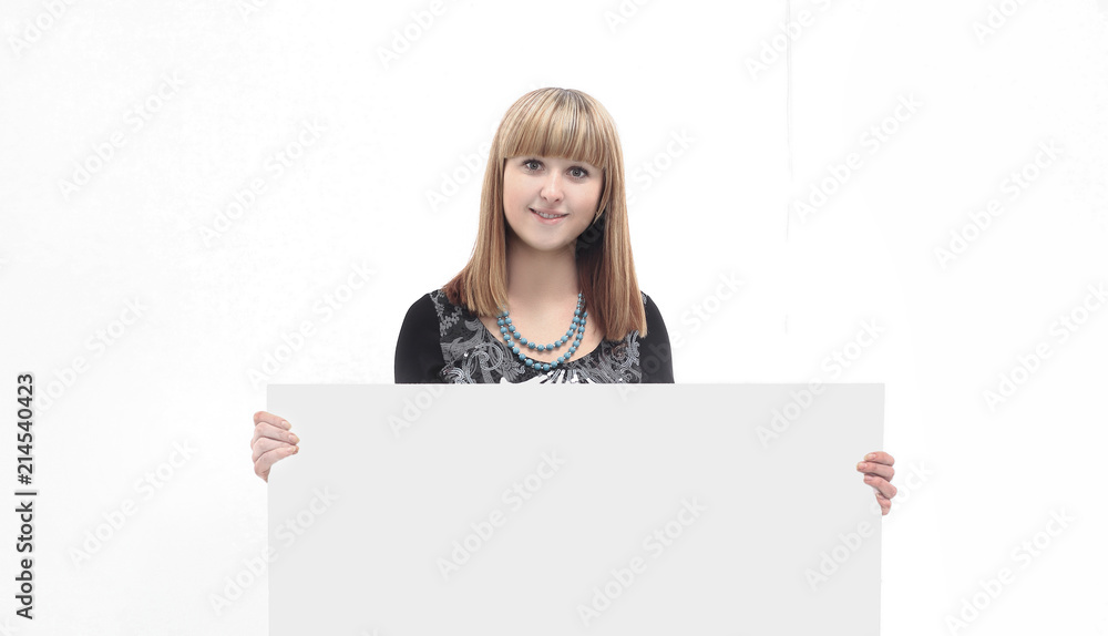 young business woman showing blank poster .isolated on white young business woman showing blank poster .isolated on white