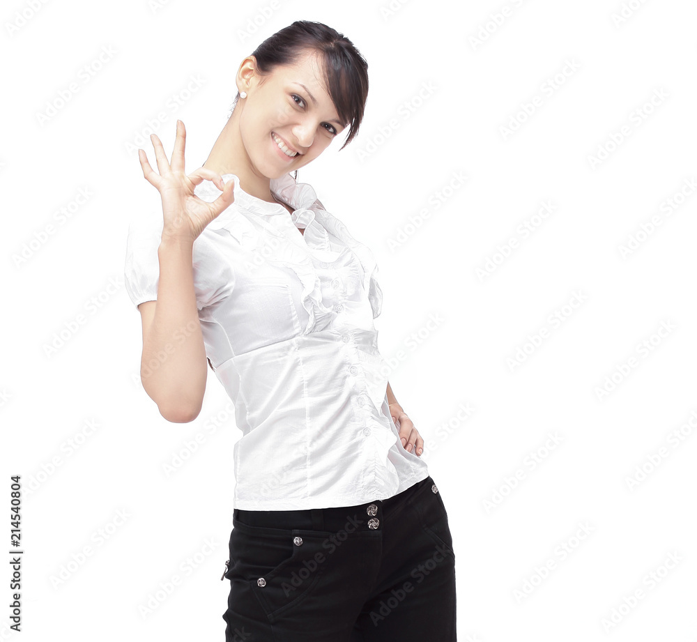 closeup.successful young woman showing the sign OK closeup.successful young woman showing the sign OK