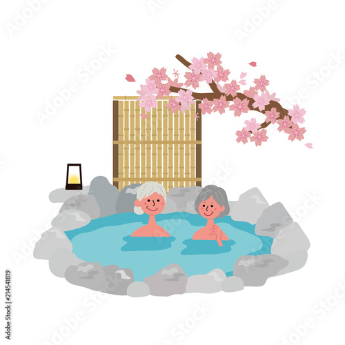 シニア　温泉　イラスト　春　桜
